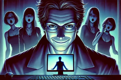 John Edward Robinson The Internets First Serial Killer A sinister man smirks in front of a computer screen while shocked women react behind him symbolizing online deception and cybercrime Simplyforensic