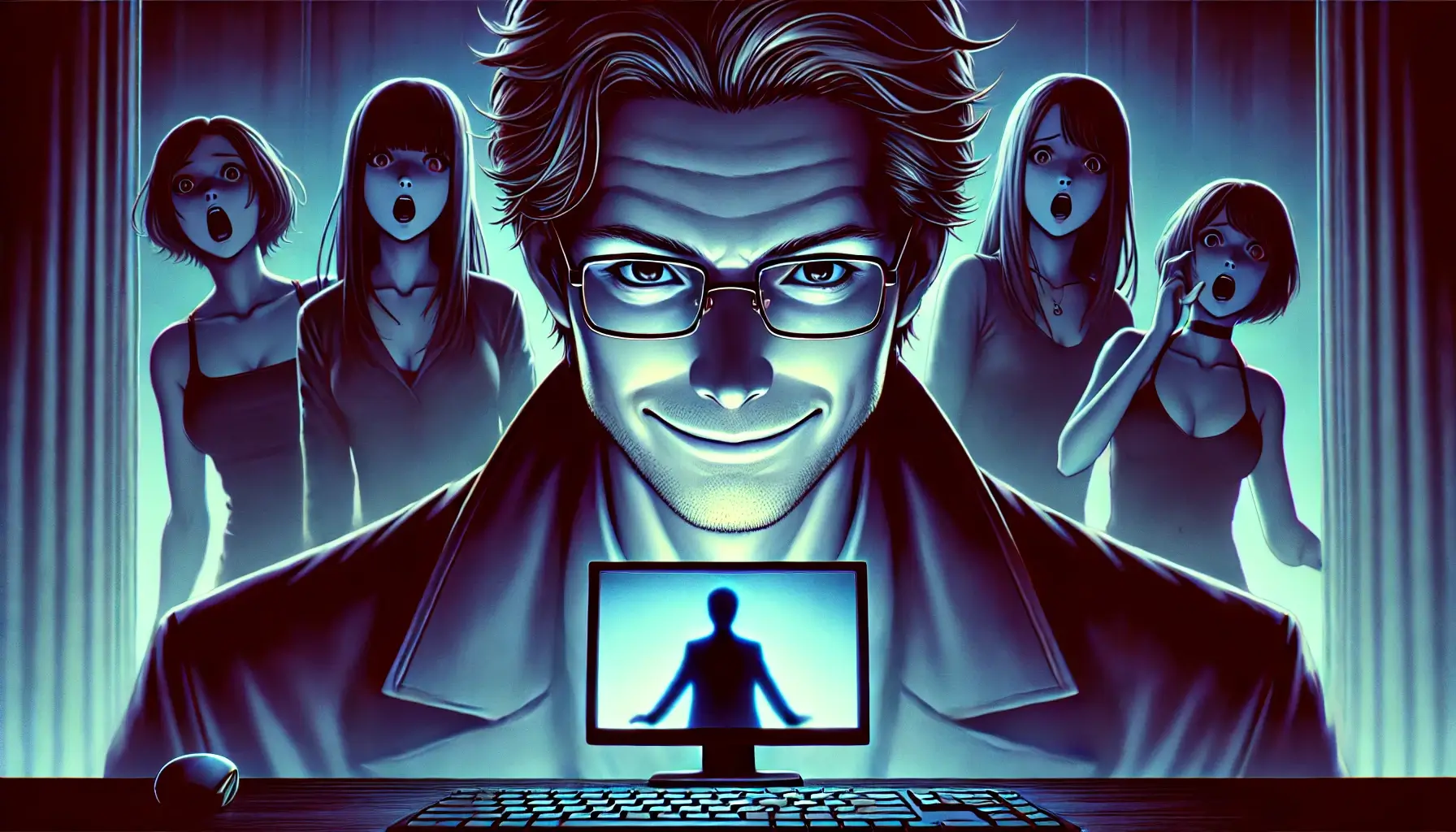 John Edward Robinson The Internets First Serial Killer A sinister man smirks in front of a computer screen while shocked women react behind him symbolizing online deception and cybercrime Simplyforensic
