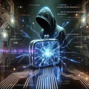 Cyberpunk Data Breach Digital Vault Hacked A futuristic digital vault cracked open leaking neon blue and purple data symbolizing a cyber breach A hooded hacker silhouette glitches in the background Simplyforensic