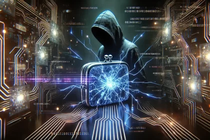 A futuristic digital vault cracked open, leaking neon blue and purple data, symbolizing a cyber breach. A hooded hacker silhouette glitches in the background