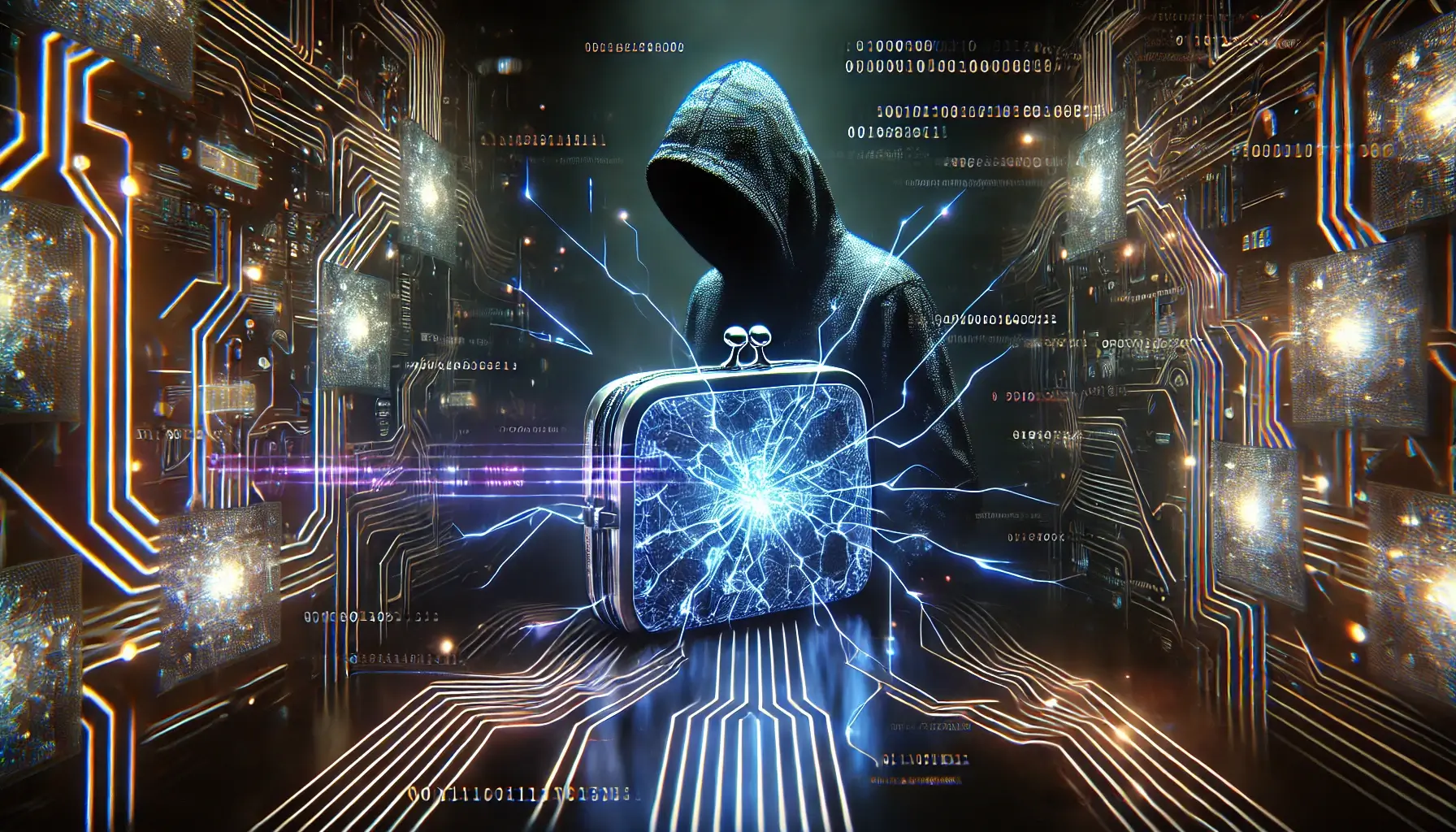 Cyberpunk Data Breach Digital Vault Hacked A futuristic digital vault cracked open leaking neon blue and purple data symbolizing a cyber breach A hooded hacker silhouette glitches in the background Simplyforensic