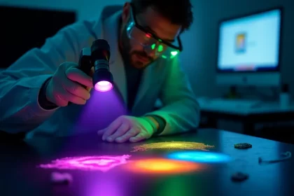 Forensic Light Source Forensic scientist using a UV flashlight to reveal glowing evidence in a dark lab Simplyforensic