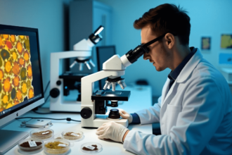 How Microscopic Pollen Became the Silent Witness Forensic Palynology A forensic scientist analyzes pollen samples under a microscope with a computer screen displaying a magnified pollen structure representing forensic palynology Simplyforensic