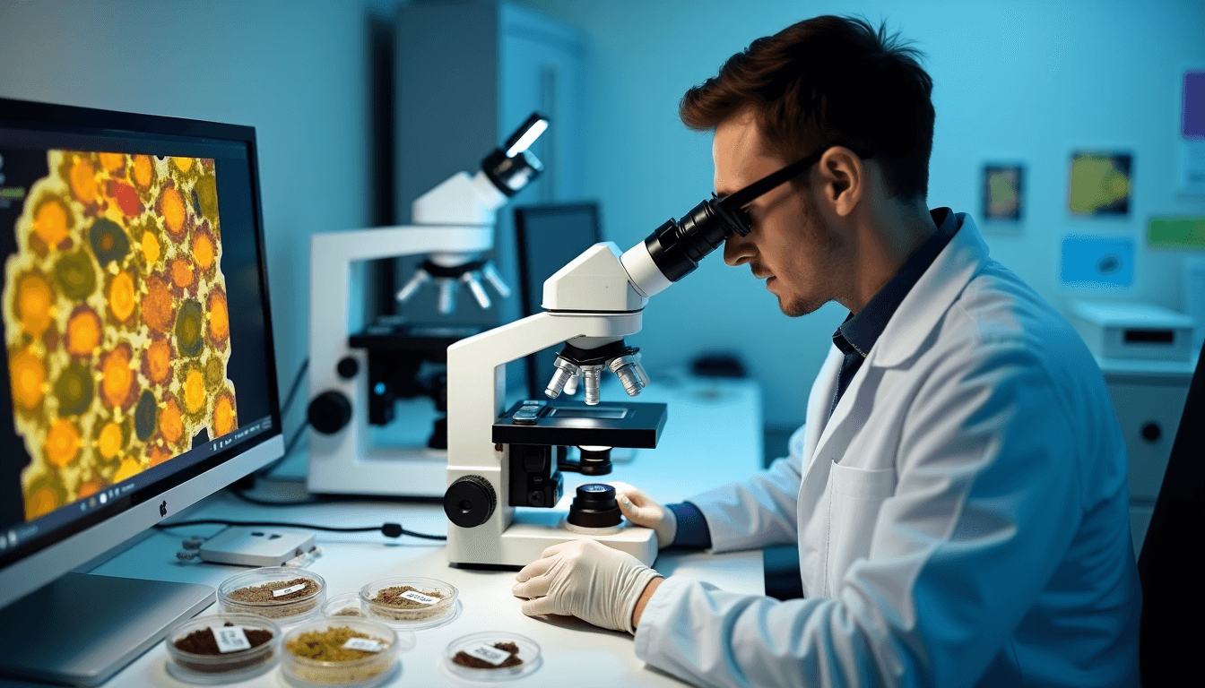 How Microscopic Pollen Became the Silent Witness Forensic Palynology A forensic scientist analyzes pollen samples under a microscope with a computer screen displaying a magnified pollen structure representing forensic palynology Simplyforensic