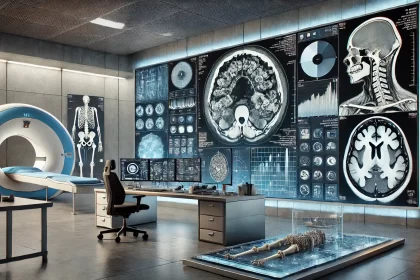 A modern forensic laboratory with a montage of imaging modalities, including CT scans, MRI images, and 3D skeletal scans, complemented by digital overlays and lab equipment.