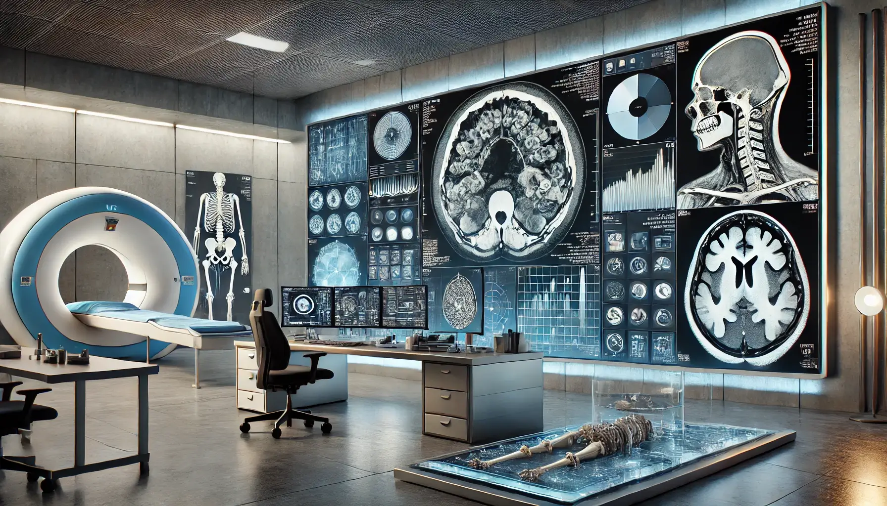 A modern forensic laboratory with a montage of imaging modalities, including CT scans, MRI images, and 3D skeletal scans, complemented by digital overlays and lab equipment.