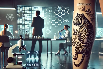 tiger lady cold case 1 A dim forensic lab scene featuring analysts working with DNA sequencing equipment and digital genealogical charts In the foreground a leg with a subtle tiger tattoo symbolizes Tiger Lady Simplyforensic