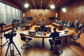 Courtroom scene with media coverage during a high profile murder trial Courtroom scene with media coverage during a high profile murder trial Simplyforensic