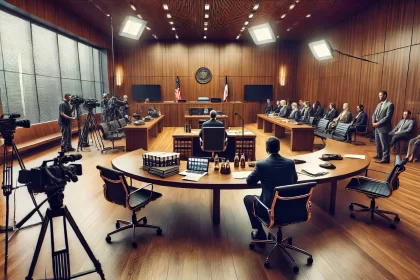 Courtroom scene with media coverage during a high-profile murder trial