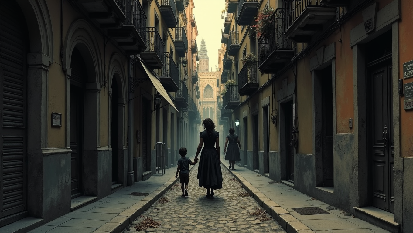 Enrique marti vampira raval barcelona Enriqueta Martí leading a child through Barcelonas shadowy Raval district symbolizing her double life and dark crimes Simplyforensic
