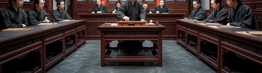 Song Ci in Ancient Courtroom Origins of Forensic Science Song Ci examining forensic evidence in a historical Chinese courtroom surrounded by attentive officials Simplyforensic