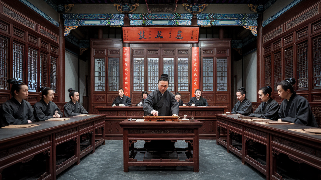 Song Ci in Ancient Courtroom Origins of Forensic Science Song Ci examining forensic evidence in a historical Chinese courtroom surrounded by attentive officials Simplyforensic