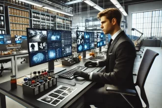 forensic analyst in a modern investigative laboratory 1 Forensic analyst meticulously reviewing crime scene data and forensic evidence on multiple screens in a modern investigative lab Simplyforensic