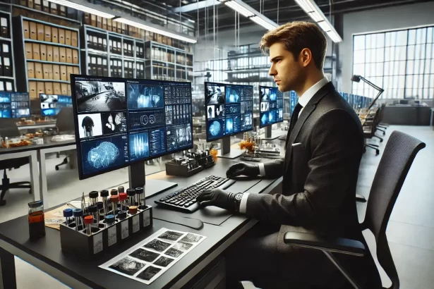 Forensic analyst meticulously reviewing crime scene data and forensic evidence on multiple screens in a modern investigative lab.