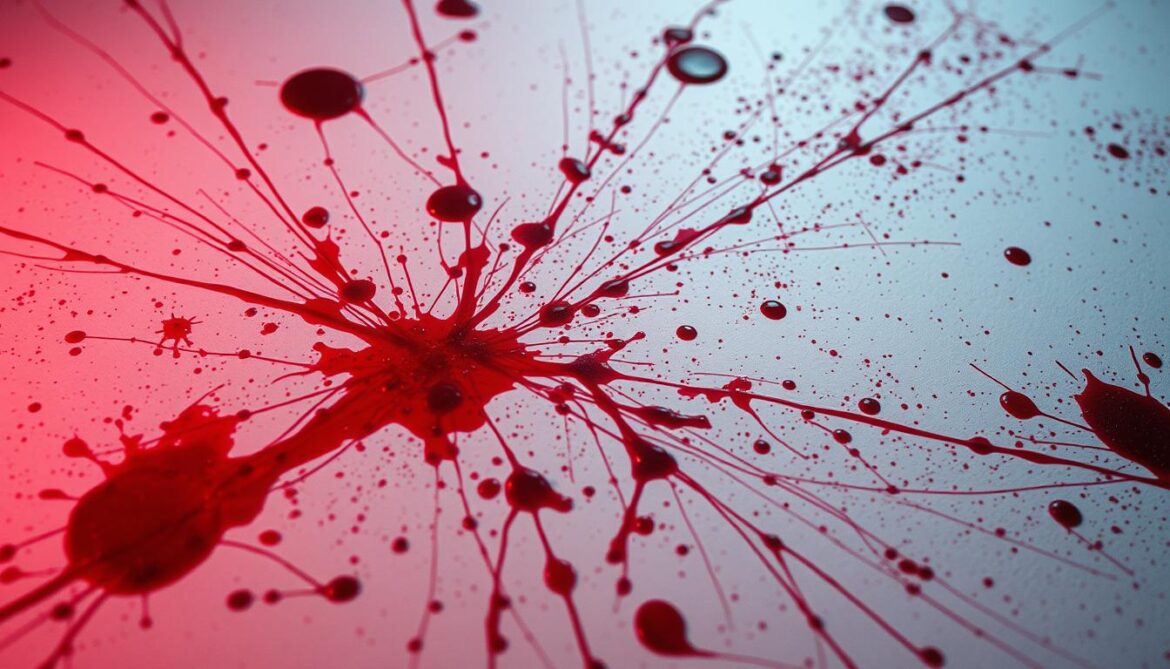 A high contrast close up image of a blood spatter pattern analysis capturing the intricate details and trajectories of the bloodstains The scene is lit by a soft directional lighting that accentuates the textures and shadows revealing the complex patterns and directionality of the blood splatter The camera is positioned at an angle that provides a comprehensive view of the analysis showcasing the scene's forensic precision. The background is minimal, allowing the blood spatter to be the central focus, conveying the technical and investigative nature of this forensic discipline.