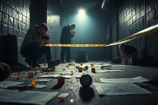 A meticulously documented crime scene bathed in the somber glow of forensic lighting A meticulously documented crime scene bathed in the somber glow of forensic lighting Investigators diligently capture every detail from the scattered evidence markers to the meticulous measurements and sketches The cameras lens peers down at the scene preserving the critical visual record Shadows loom heightening the sense of gravity and the need for thorough systematic examination The atmosphere is one of focused intensity as the team works to uncover the story hidden within the physical clues This image conveys the essential role of comprehensive scene documentation in the pursuit of justice Simplyforensic