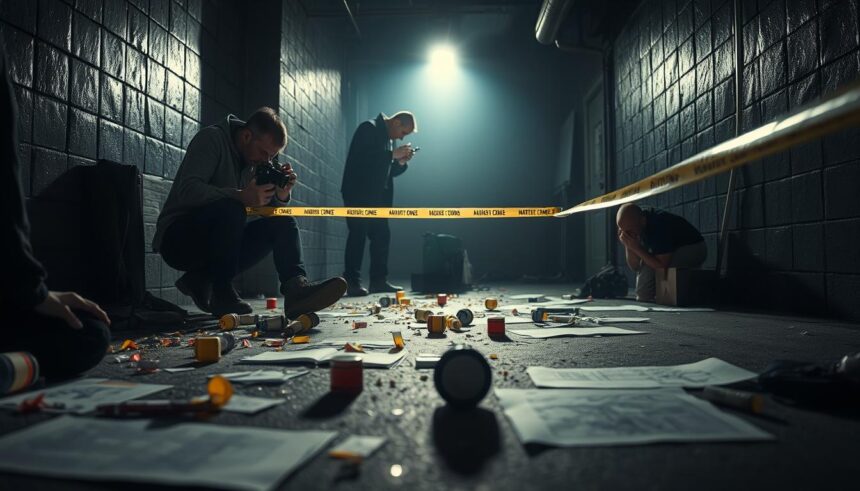 A meticulously documented crime scene bathed in the somber glow of forensic lighting A meticulously documented crime scene bathed in the somber glow of forensic lighting Investigators diligently capture every detail from the scattered evidence markers to the meticulous measurements and sketches The cameras lens peers down at the scene preserving the critical visual record Shadows loom heightening the sense of gravity and the need for thorough systematic examination The atmosphere is one of focused intensity as the team works to uncover the story hidden within the physical clues This image conveys the essential role of comprehensive scene documentation in the pursuit of justice Simplyforensic