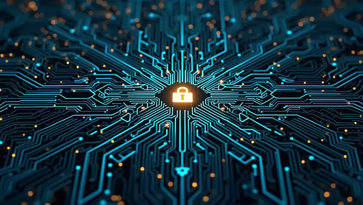 Digital illustration of data security with a glowing lock icon on a circuit board representing cryptography principles