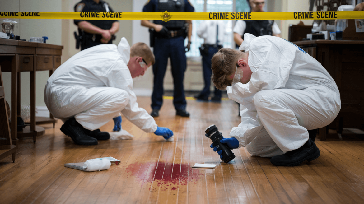 Forensic team at crime scene blood evidence collection during investigation simplyforensic Forensic investigators collecting evidence at an indoor crime scene with bloodstain and police tape
