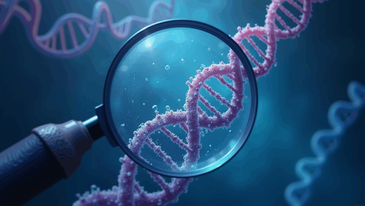 Magnifying glass examining DNA double helix strands in forensic genetic analysis