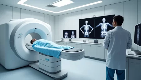 Virtual Autopsy Using CT Imaging Digital Forensic Post Mortem Technology CT scanner and medical team performing digital post mortem analysis in virtual autopsy lab Simplyforensic