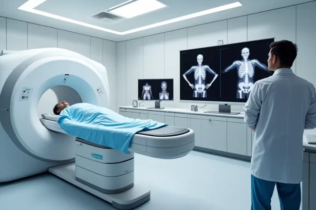 CT scanner and medical team performing digital post-mortem analysis in virtual autopsy lab