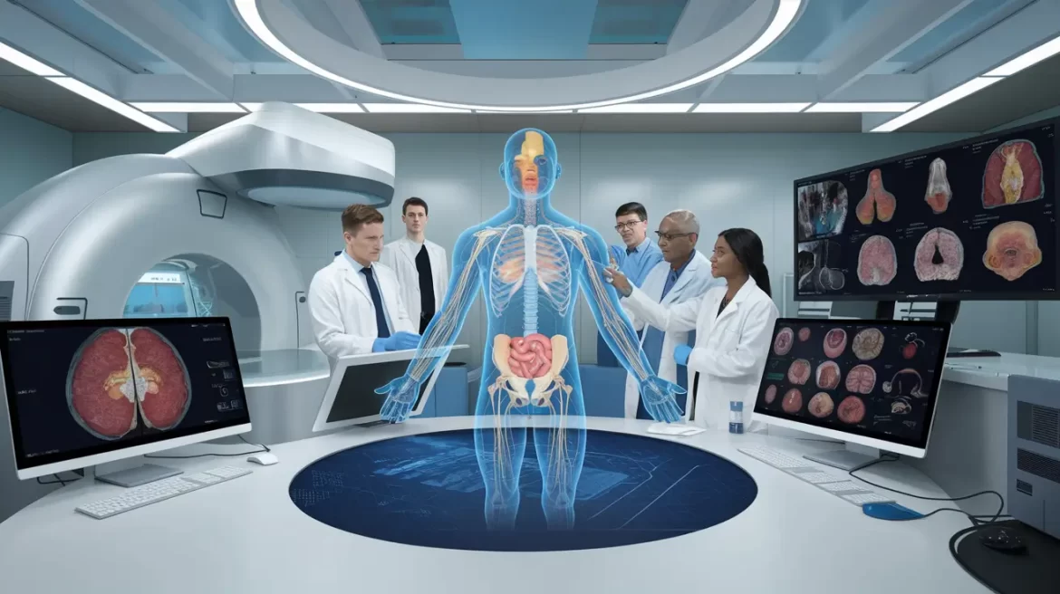Medical team performing virtual autopsy using 3D hologram and digital scans in high tech lab
