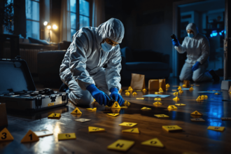 Crime Scene Investigation in Progress Forensic Experts Gathering Evidence Forensic investigators collecting and marking evidence at an indoor crime scene at night Simplyforensic