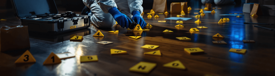 Crime Scene Investigation in Progress Forensic Experts Gathering Evidence Forensic investigators collecting and marking evidence at an indoor crime scene at night Simplyforensic