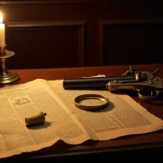 John Toms 1784 Case Torn Newspaper Evidence and Historical Crime Scene Setup Historical crime scene with torn newspaper antique pistol and candle John Toms case 1784 Simplyforensic