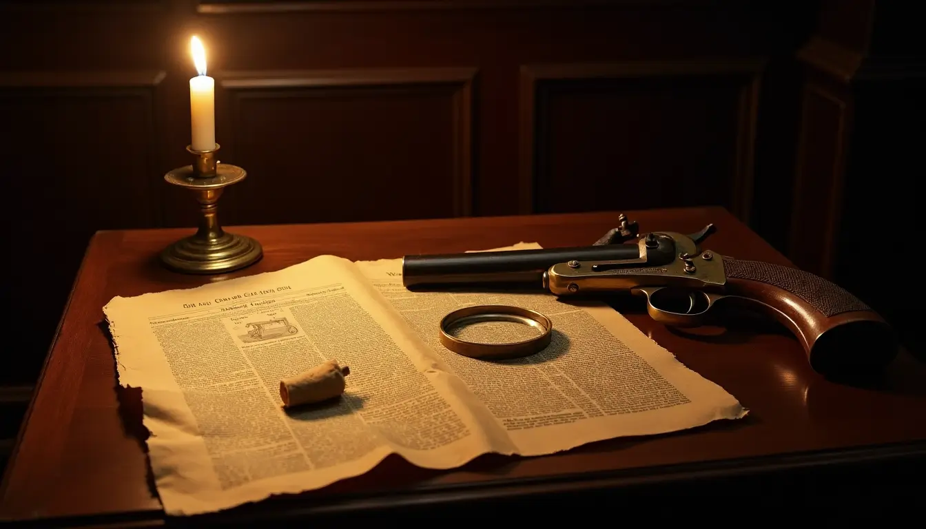 John Toms 1784 Case Torn Newspaper Evidence and Historical Crime Scene Setup Historical crime scene with torn newspaper antique pistol and candle John Toms case 1784 Simplyforensic