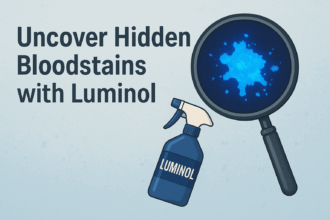 Luminol Forensic Blood Detection 1 Illustration of luminol spray bottle and magnified glowing bloodstain used in forensic detection Simplyforensic