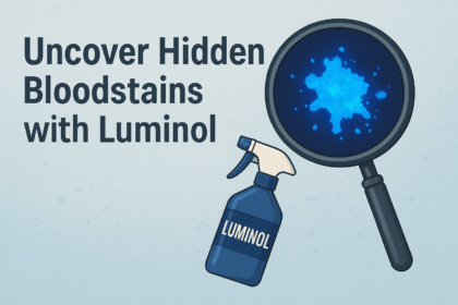 Luminol Forensic Blood Detection 1 Illustration of luminol spray bottle and magnified glowing bloodstain used in forensic detection Simplyforensic
