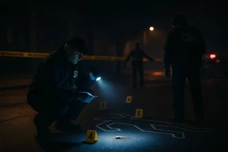Nighttime Crime Scene Investigation by CSI Team Crime Scene Investigators examining a nighttime crime scene with evidence markers and forensic tools Simplyforensic