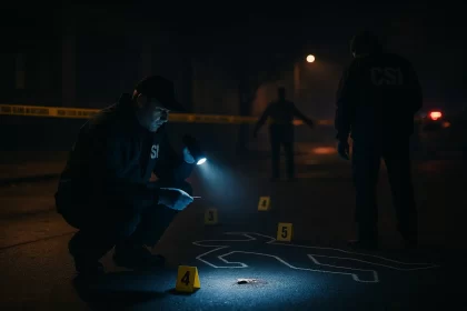 Nighttime Crime Scene Investigation by CSI Team Crime Scene Investigators examining a nighttime crime scene with evidence markers and forensic tools Simplyforensic