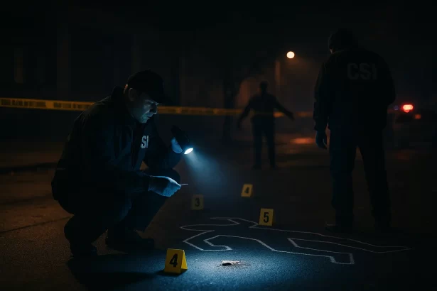 Nighttime Crime Scene Investigation by CSI Team Crime Scene Investigators examining a nighttime crime scene with evidence markers and forensic tools Simplyforensic