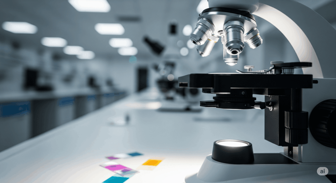 Microscope and slides in a forensic pathology lab representing detailed scientific analysis in death investigation