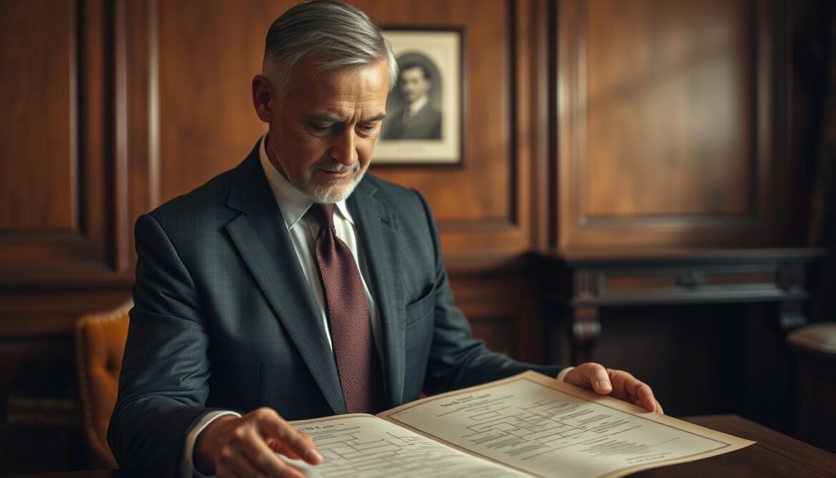 A distinguished looking man dressed in a crisp suit examines a family tree against the backdrop of a warm wooden paneled study Soft directional lighting casts a contemplative glow highlighting the intricate details of the ancestral documents spread before him The man's expression is one of deep focus, as he traces the lines of his paternal lineage, uncovering the rich history etched in the Y chromosome that connects him to his forefathers. The scene conveys a sense of reverence and a profound connection to one's roots, setting the stage for a journey of self-discovery through the exploration of male ancestry.