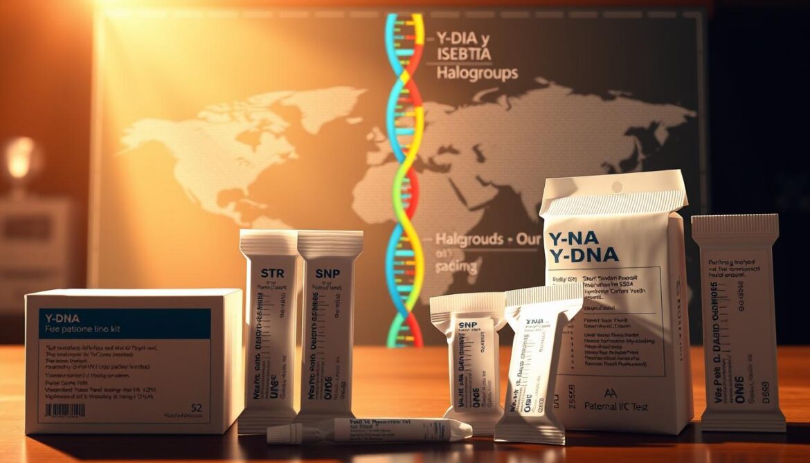 A high resolution detailed illustration of various Y DNA test types used for paternal lineage analysis In the foreground showcasing the different test kits and methodologies such as STR Short Tandem Repeat and SNP Single Nucleotide Polymorphism testing In the middle ground a visual representation of the Y chromosome and its distinct haplogroups The background features a subtle world map highlighting the global distribution of paternal lineages Warm natural lighting illuminates the scene creating a sense of depth and scientific clarity Rendered in a clean technical style to convey the authoritative and educational nature of the subject matter