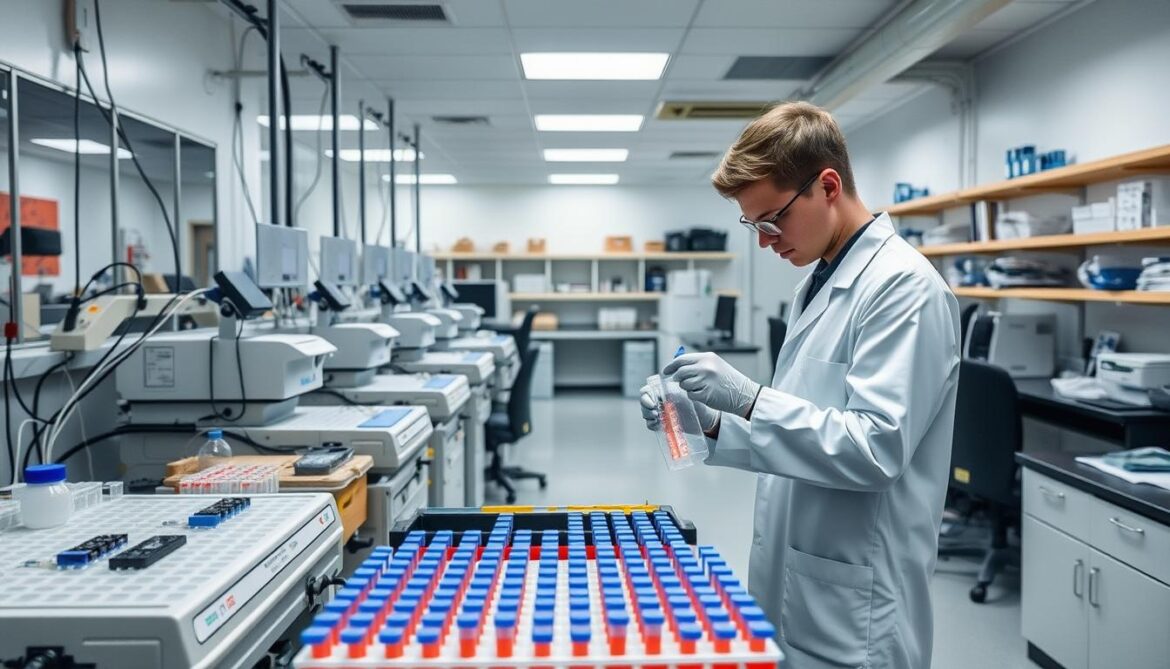 A well lit forensic genetics laboratory filled with state of the art equipment In the foreground a researcher in a white lab coat carefully pipettes samples into microtubes Rows of high precision analytical instruments such as PCR thermal cyclers and gel electrophoresis rigs occupy the middle ground The background reveals a clean organized workspace with data analysis workstations and shelves of reference materials The atmosphere conveys a sense of scientific rigor precision and meticulous attention to detail the hallmarks of modern forensic DNA profiling