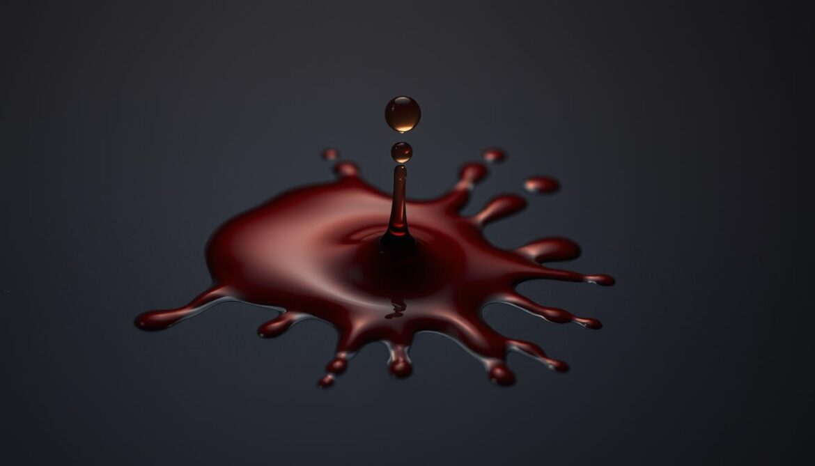 A close up view of the biomechanics of bloodstain formation on a smooth dark surface Capture the intricate patterns and flow dynamics as a droplet of crimson liquid impacts and spreads out revealing the underlying physics Utilize a high resolution macro lens to render the textures and viscosity of the blood in vivid detail Employ dramatic side lighting to accentuate the contours and shadows conveying the scientific nature of the subject matter The overall tone should be clinical yet captivating inviting the viewer to explore the fascinating interplay of physics and forensics
