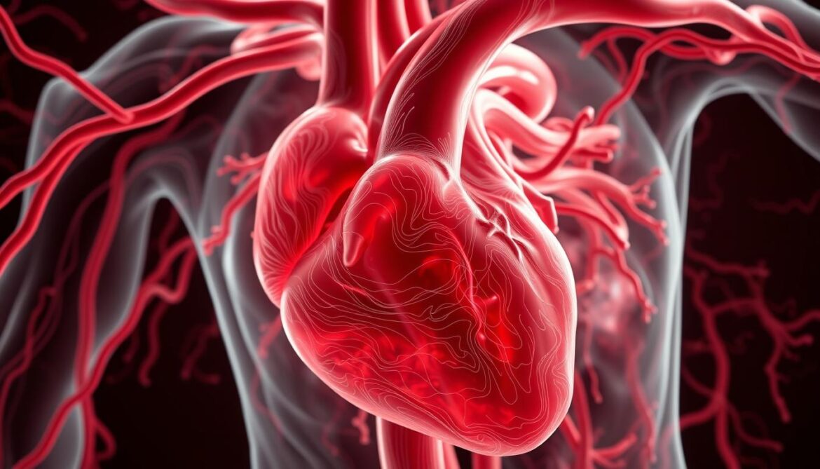 a highly detailed and photorealistic computational fluid dynamics simulation of blood flow through the human cardiovascular system showing intricate patterns of streamlines and vortices within the aorta heart chambers and major arteries rendered with a muted color palette and dramatic cinematic lighting capturing the complex physics and dynamics of this vital biological process
