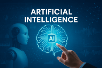 Artificial Intelligence in forensic and industry applications Artificial Intelligence concept showing human hand interacting with digital brain and robot representing machine learning and AI technology Simplyforensic