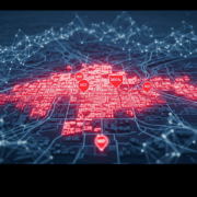 Data Forecasting and Community Hotspots A futuristic stylized city map with glowing red hot spots connected by an algorithmic network symbolizing data forecasting and its potential impact on communities Simplyforensic