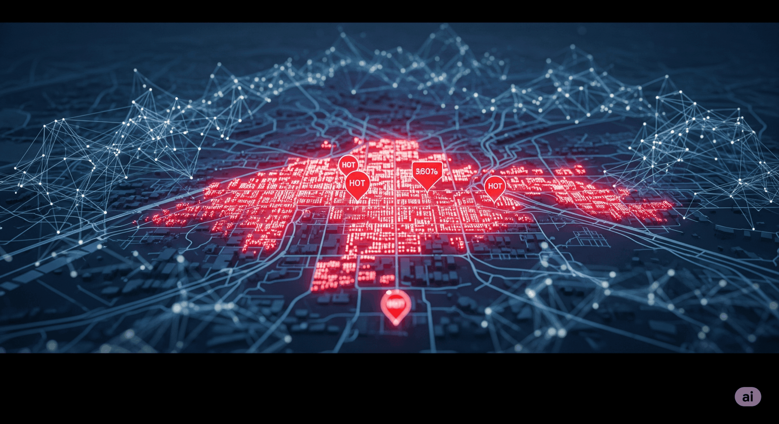 Data Forecasting and Community Hotspots A futuristic stylized city map with glowing red hot spots connected by an algorithmic network symbolizing data forecasting and its potential impact on communities Simplyforensic
