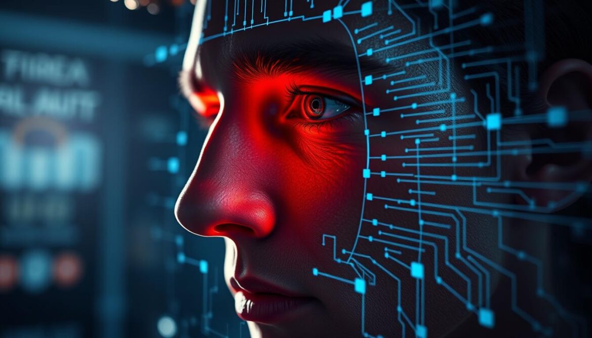 A close up view of a human face being scanned and analyzed by advanced biometric sensors and AI powered software 