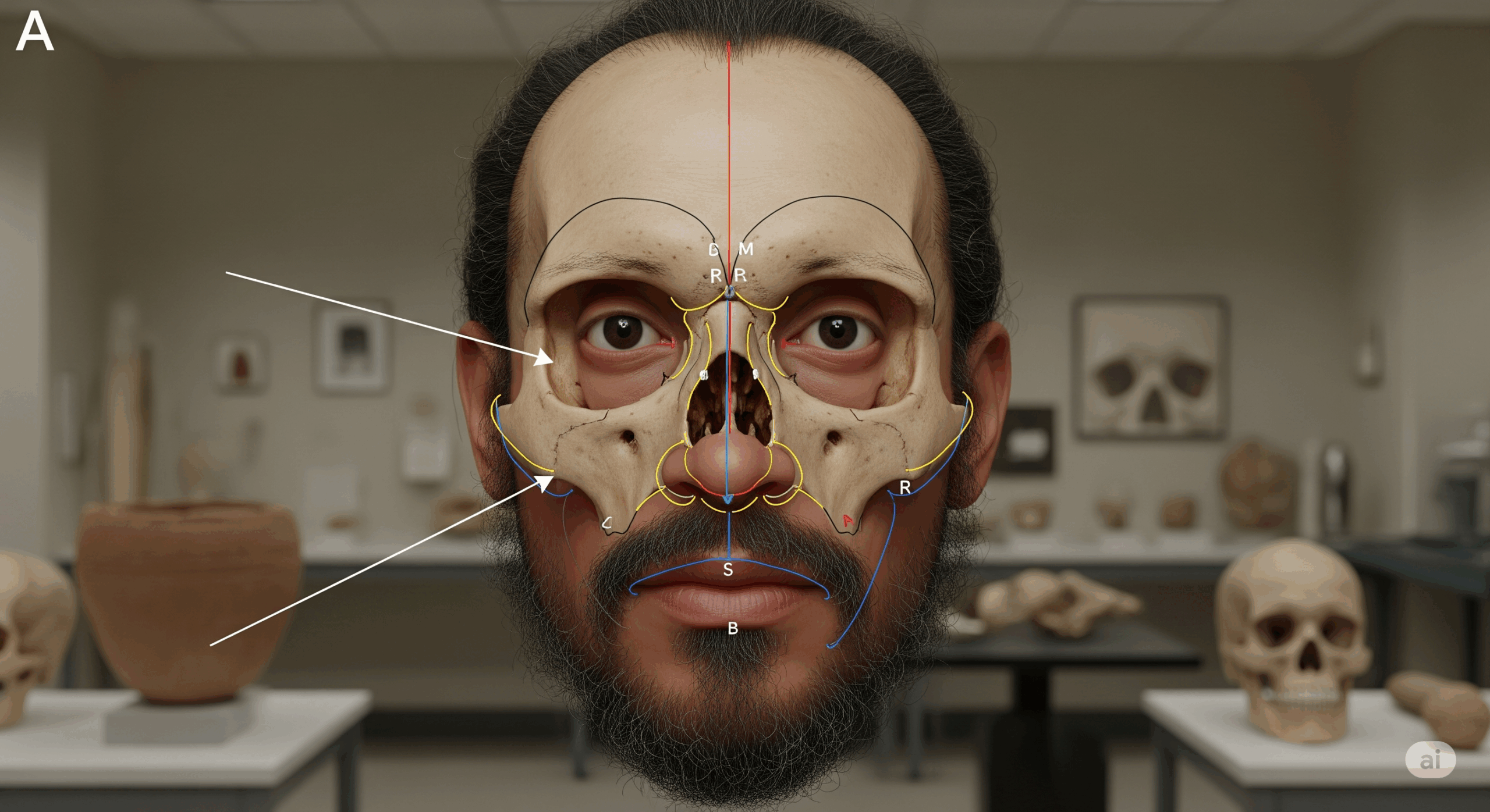 3D facial reconstruction of an ancient individual from Nuwayrat, based on skull scans and bone analysis, illustrating insights from archaeological and genomic data.