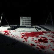 Blood Spatter Analysis at a Crime Scene A surface with blood spatter marked with forensic evidence indicators and a scale suggesting a crime scene investigation Simplyforensic