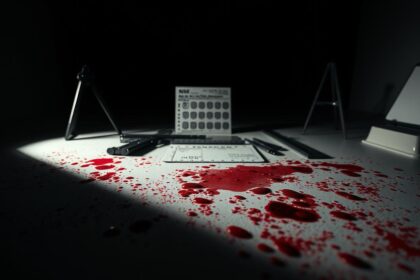 A surface with blood spatter, marked with forensic evidence indicators and a scale, suggesting a crime scene investigation.