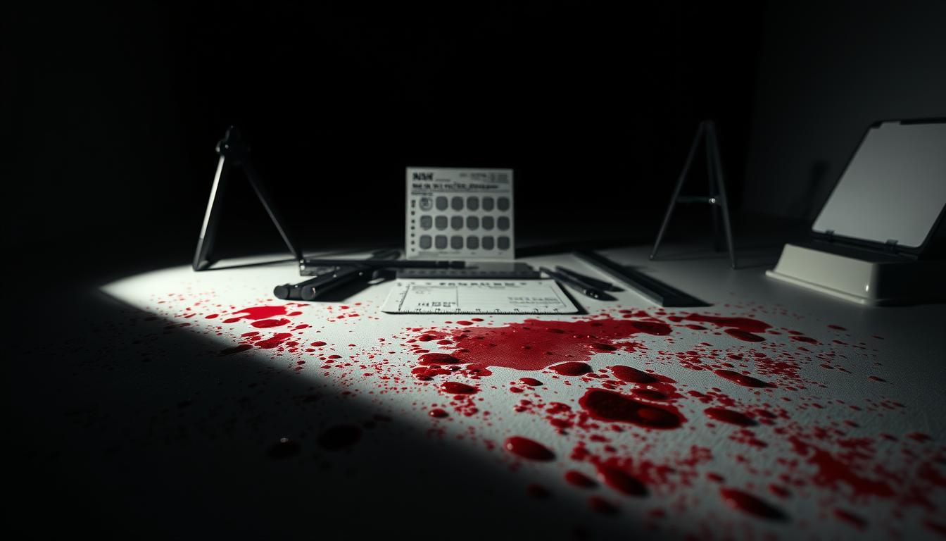 Blood Spatter Analysis at a Crime Scene A surface with blood spatter marked with forensic evidence indicators and a scale suggesting a crime scene investigation Simplyforensic